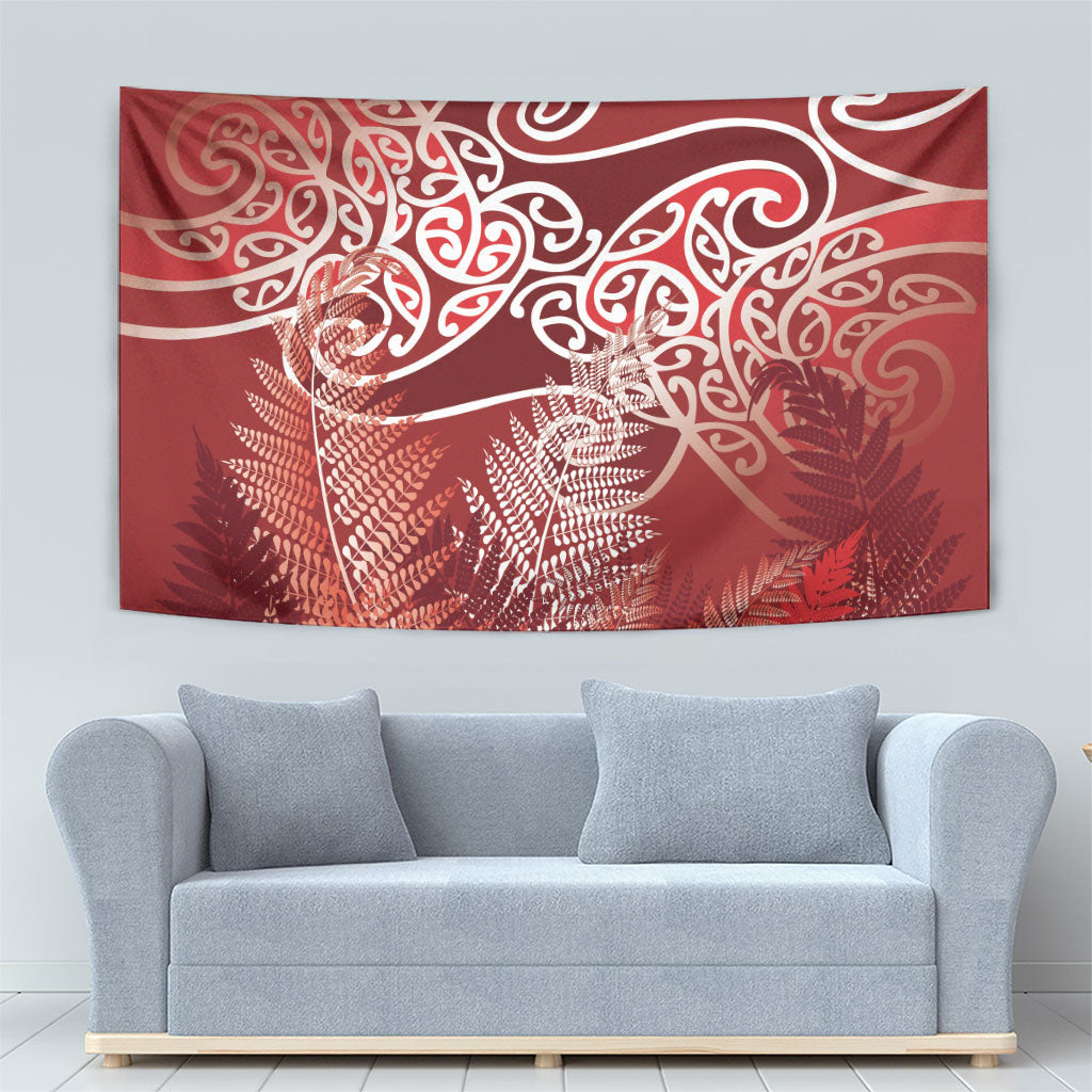 Aotearoa Maori Koru Curves Tapestry Silver Ferns - Crimson Red