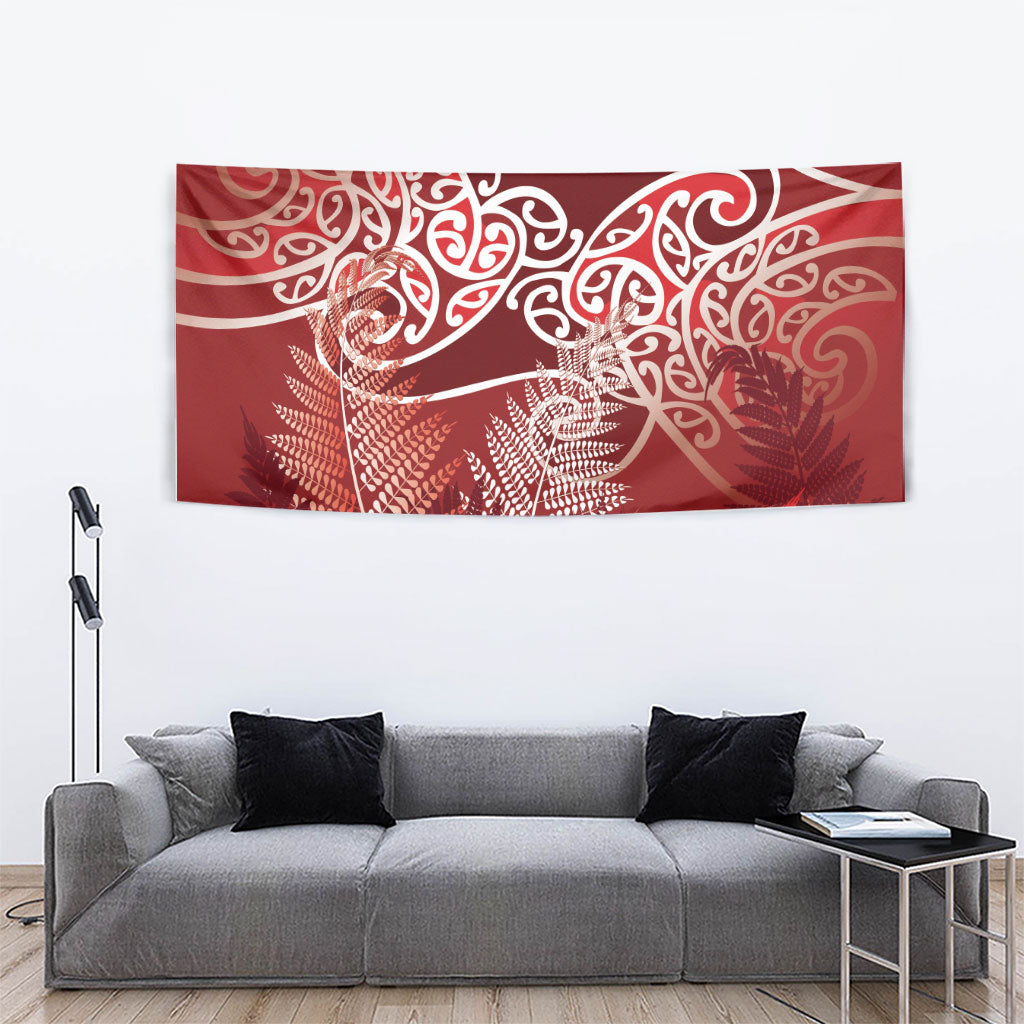 Aotearoa Maori Koru Curves Tapestry Silver Ferns - Crimson Red