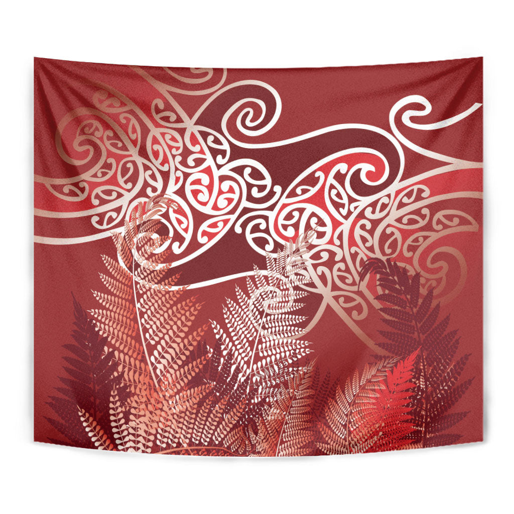Aotearoa Maori Koru Curves Tapestry Silver Ferns - Crimson Red