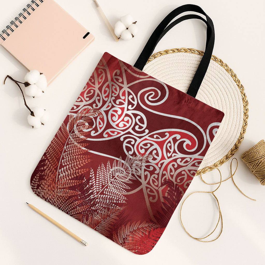 Aotearoa Maori Koru Curves Tote Bag Silver Ferns - Crimson Red LT7 Black Strap One Size Red - Polynesian Pride