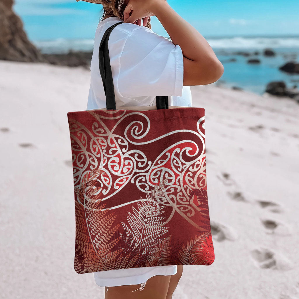 Aotearoa Maori Koru Curves Tote Bag Silver Ferns - Crimson Red LT7 - Polynesian Pride