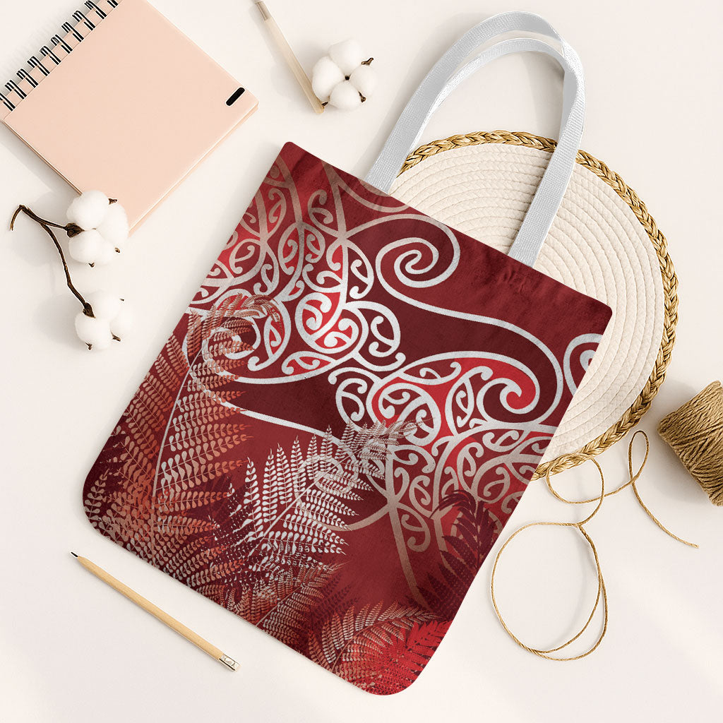Aotearoa Maori Koru Curves Tote Bag Silver Ferns - Crimson Red LT7 White Strap One Size Red - Polynesian Pride