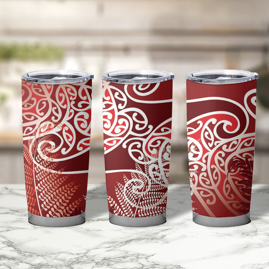 Aotearoa Maori Koru Curves Tumbler Cup Silver Ferns - Crimson Red LT7 - Polynesian Pride