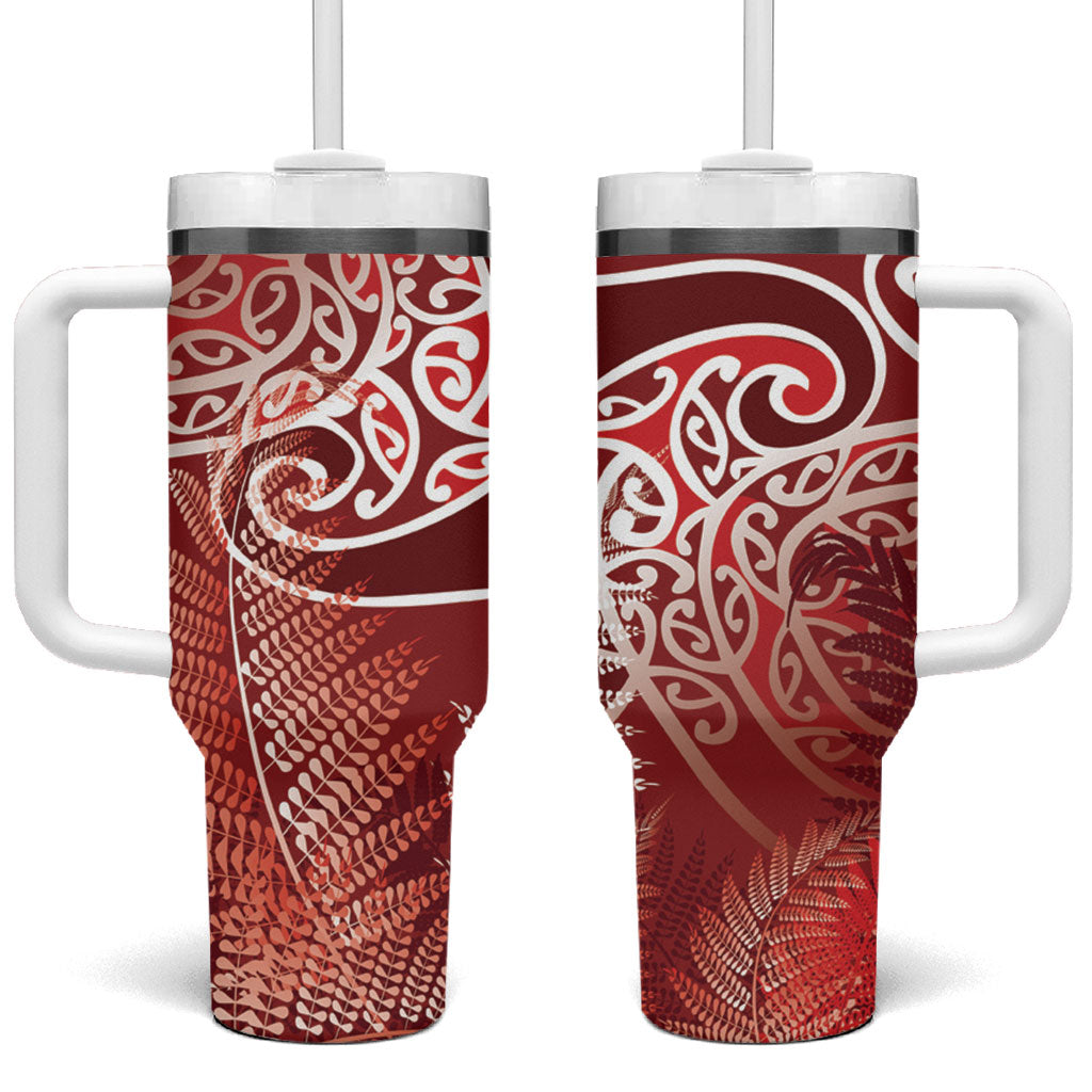 Aotearoa Maori Koru Curves Tumbler With Handle Silver Ferns - Crimson Red LT7 One Size: 40 oz Red - Polynesian Pride