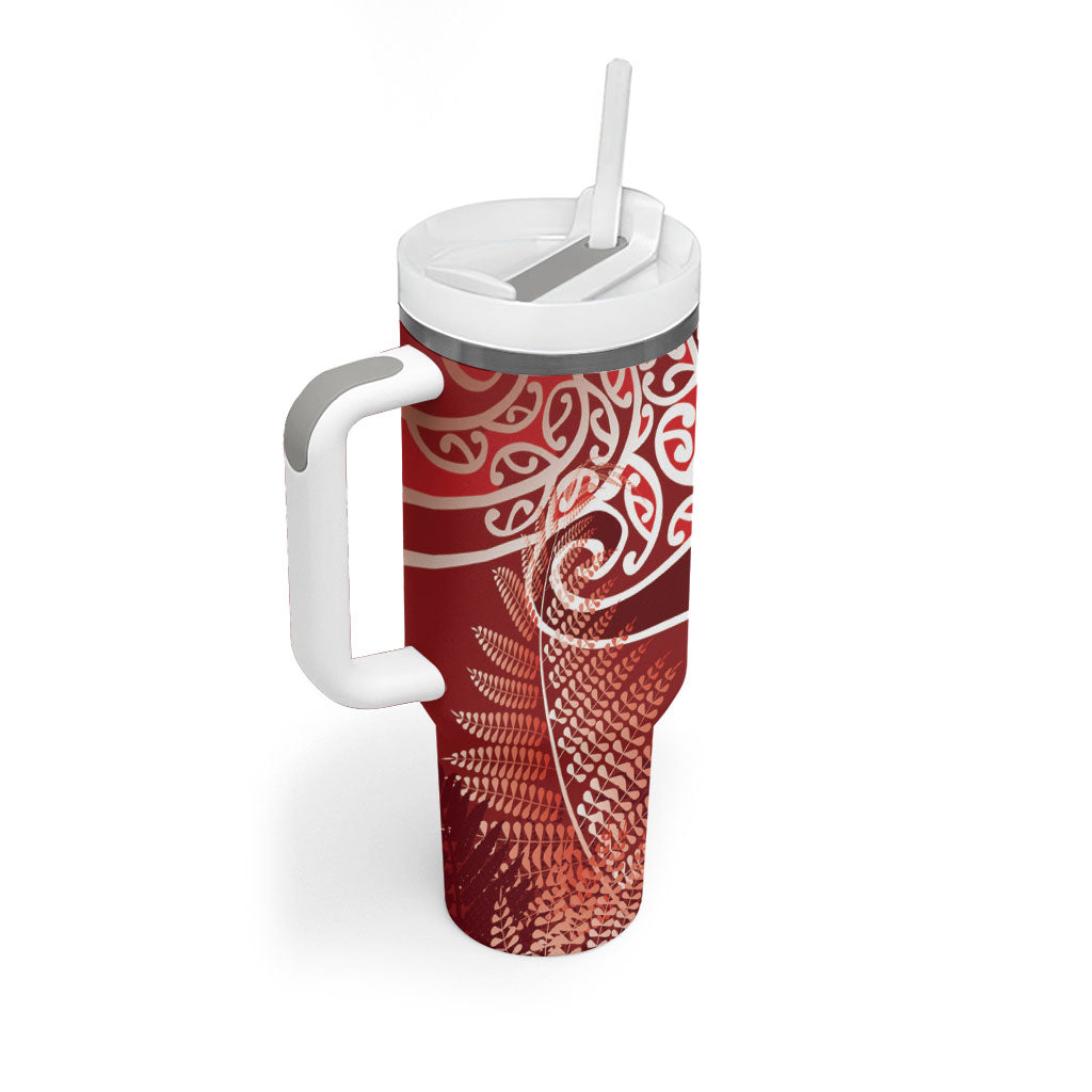 Aotearoa Maori Koru Curves Tumbler With Handle Silver Ferns - Crimson Red LT7 - Polynesian Pride