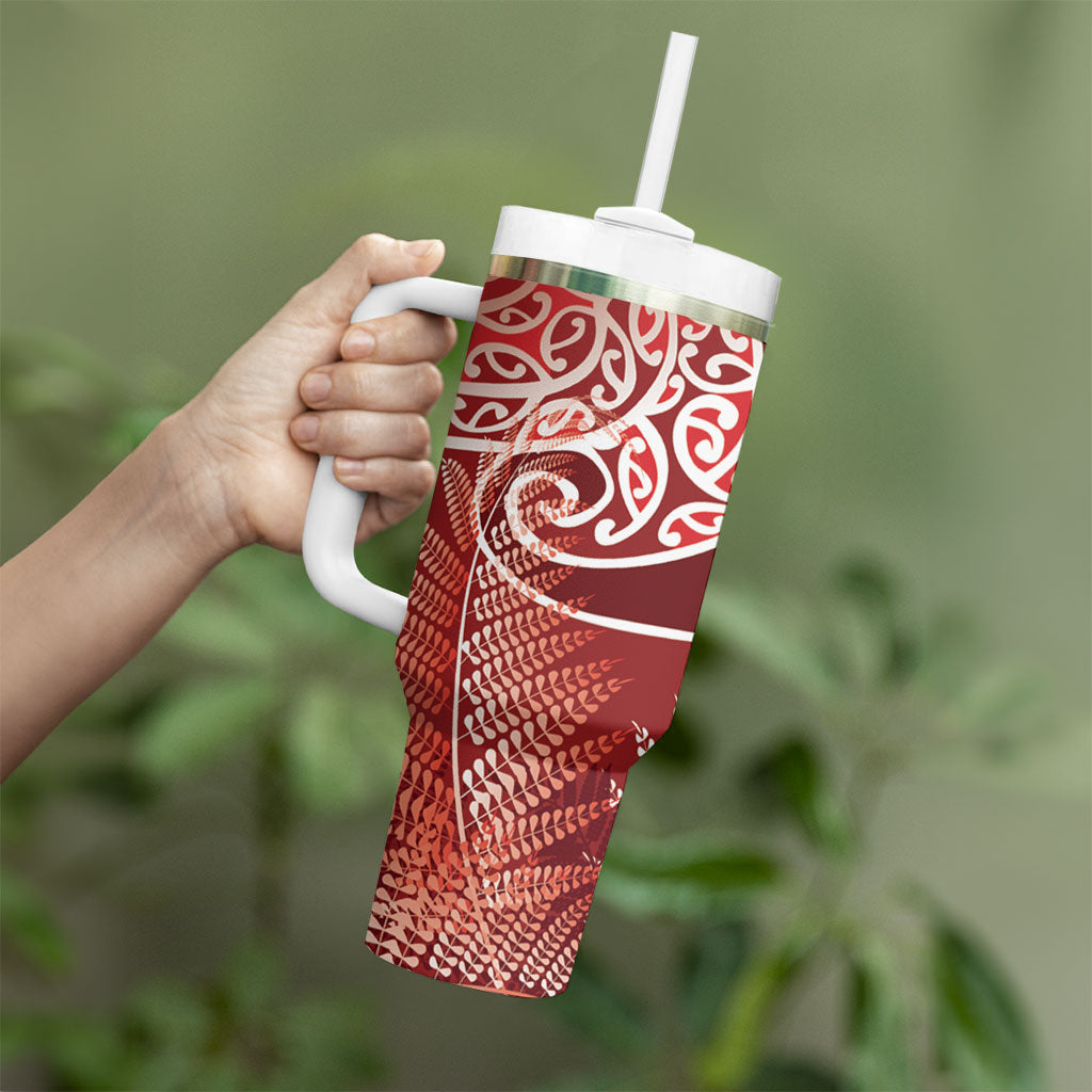Aotearoa Maori Koru Curves Tumbler With Handle Silver Ferns - Crimson Red LT7 - Polynesian Pride