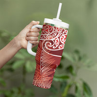 Aotearoa Maori Koru Curves Tumbler With Handle Silver Ferns - Crimson Red LT7 - Polynesian Pride