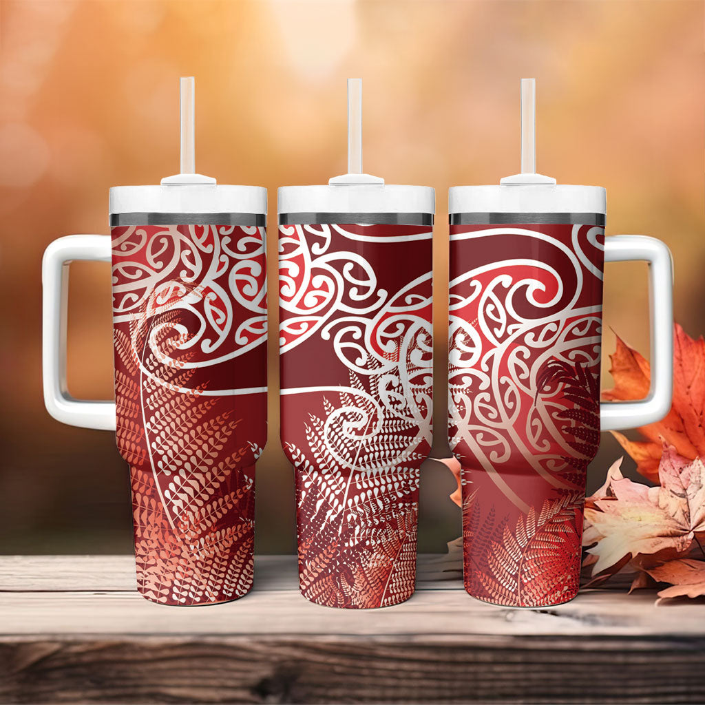 Aotearoa Maori Koru Curves Tumbler With Handle Silver Ferns - Crimson Red LT7 - Polynesian Pride