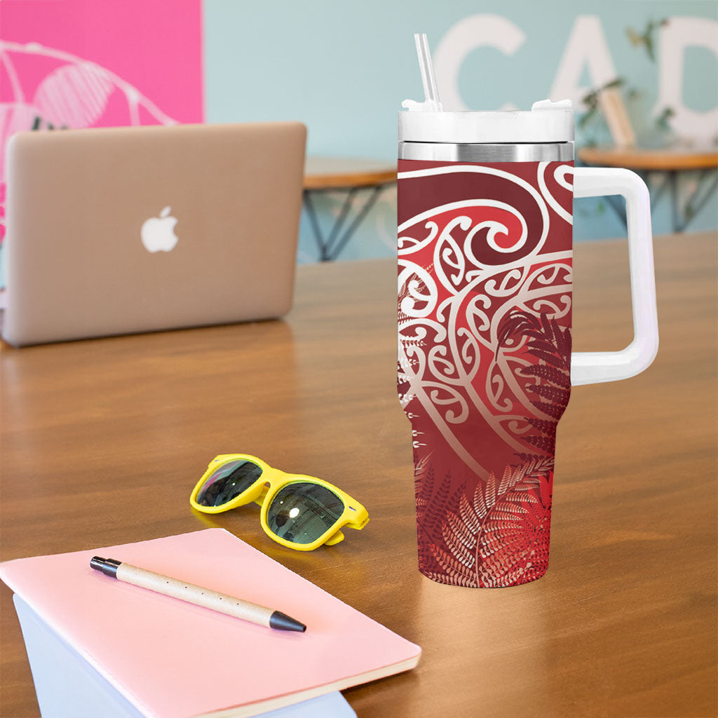 Aotearoa Maori Koru Curves Tumbler With Handle Silver Ferns - Crimson Red LT7 - Polynesian Pride