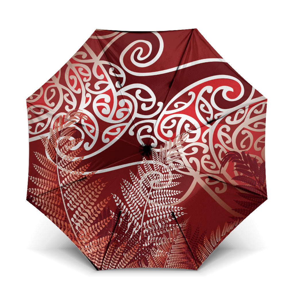 Aotearoa Maori Koru Curves Umbrella Silver Ferns - Crimson Red LT7 One Size Folded 11.42 inch Opened Diameter 37.4 inch Red - Polynesian Pride