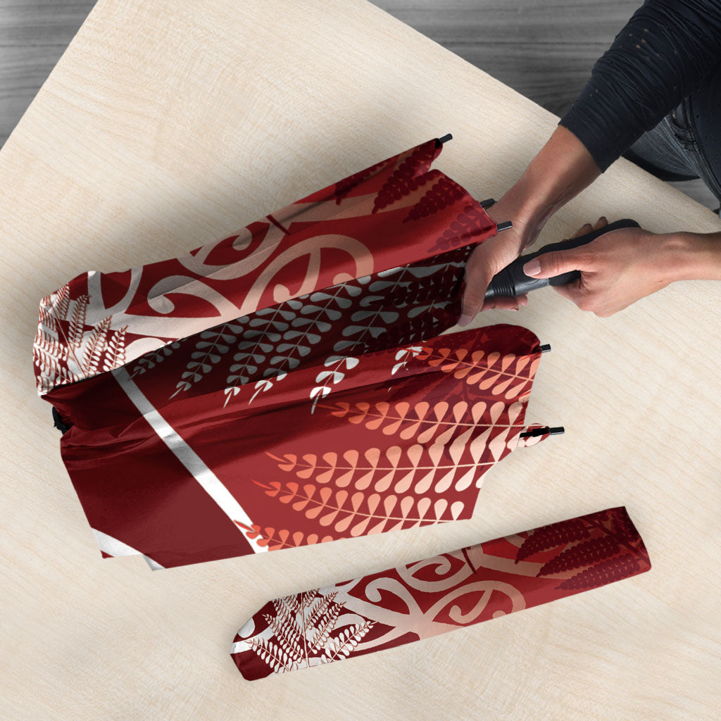 Aotearoa Maori Koru Curves Umbrella Silver Ferns - Crimson Red LT7 - Polynesian Pride