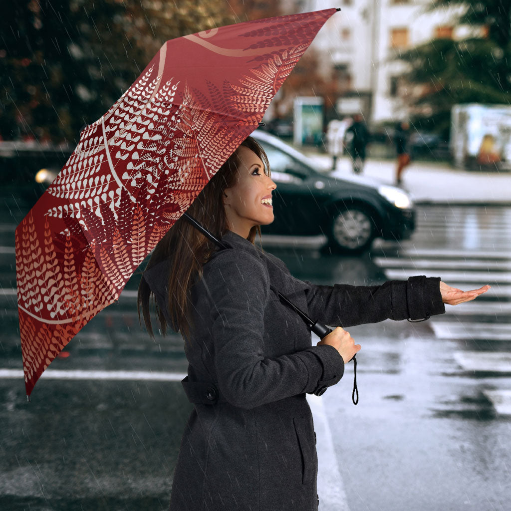 Aotearoa Maori Koru Curves Umbrella Silver Ferns - Crimson Red LT7 - Polynesian Pride