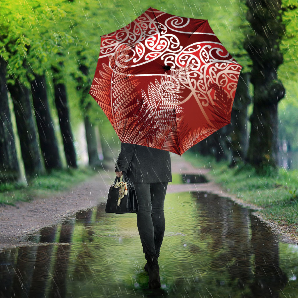 Aotearoa Maori Koru Curves Umbrella Silver Ferns - Crimson Red LT7 - Polynesian Pride
