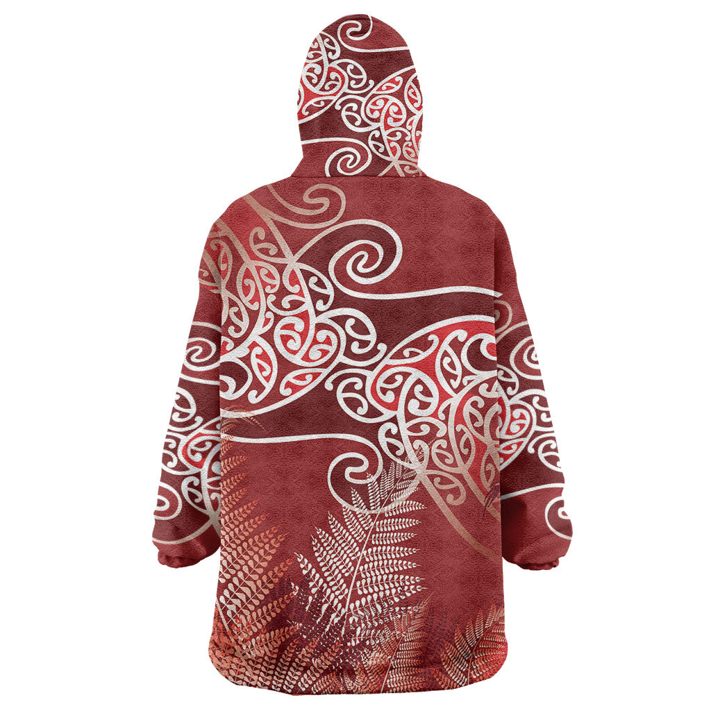 Aotearoa Maori Koru Curves Wearable Blanket Hoodie Silver Ferns - Crimson Red LT7 - Polynesian Pride