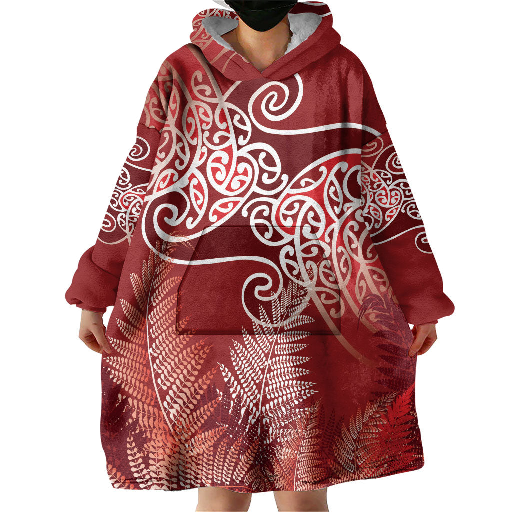 Aotearoa Maori Koru Curves Wearable Blanket Hoodie Silver Ferns - Crimson Red LT7 - Polynesian Pride