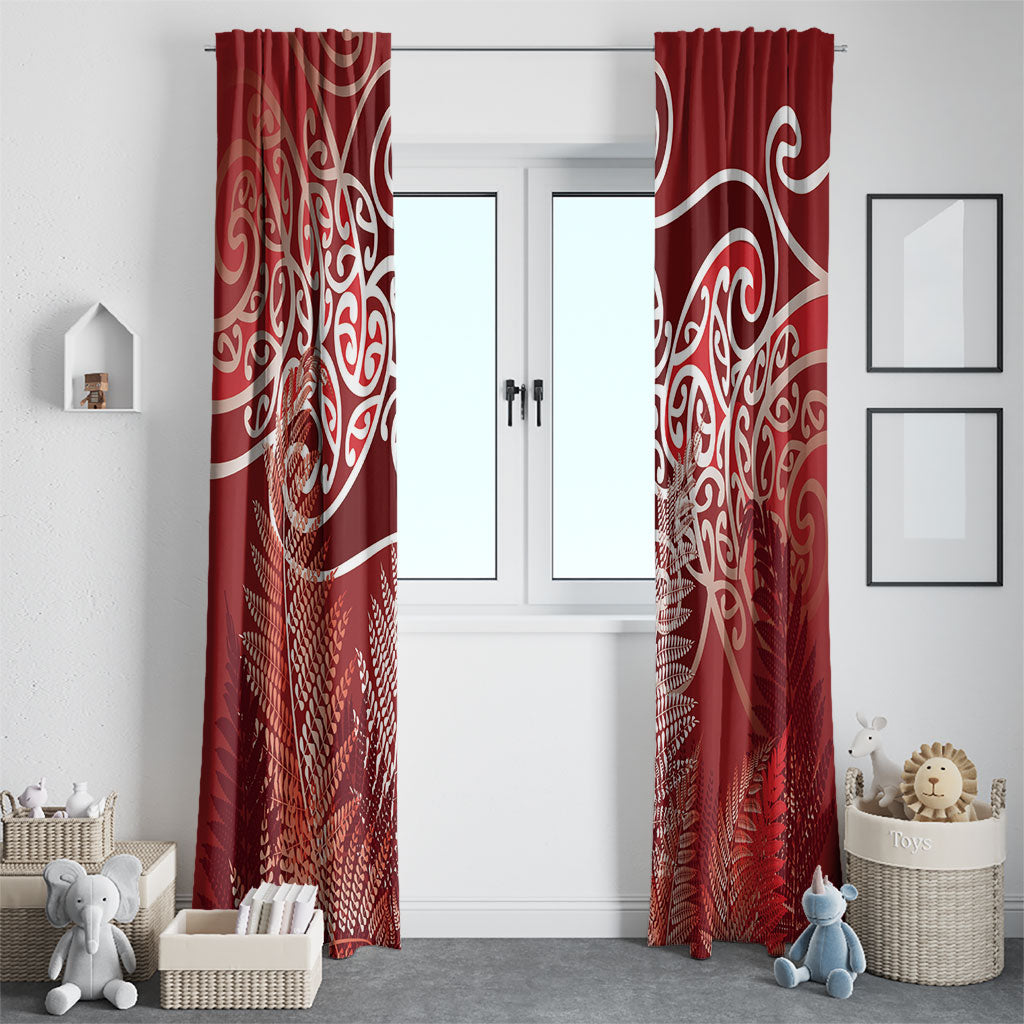 Aotearoa Maori Koru Curves Window Curtain Silver Ferns - Crimson Red LT7 - Polynesian Pride