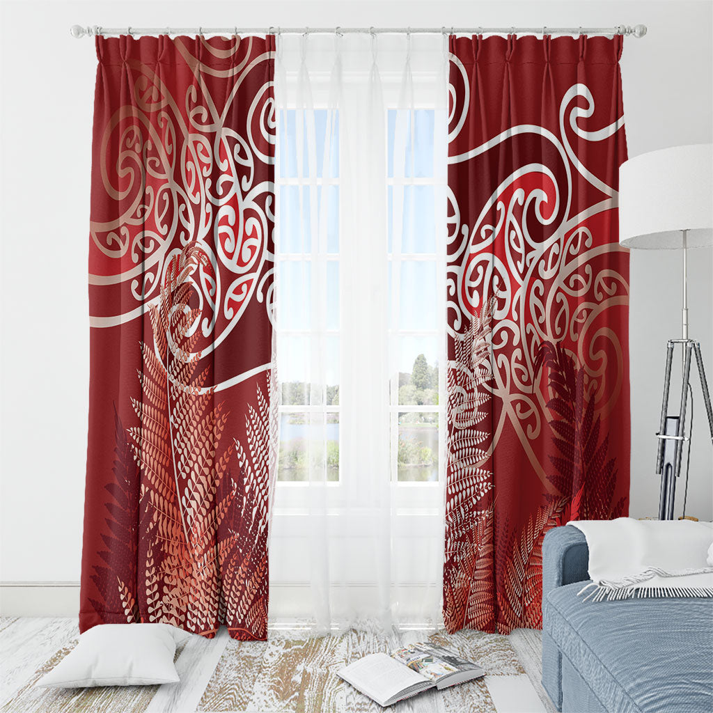 Aotearoa Maori Koru Curves Window Curtain Silver Ferns - Crimson Red LT7 - Polynesian Pride