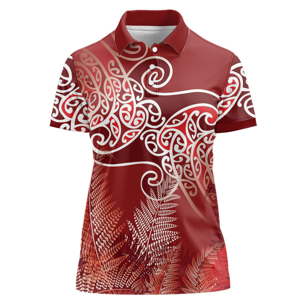 Aotearoa Maori Koru Curves Women Polo Shirt Silver Ferns - Crimson Red LT7 Female Red - Polynesian Pride