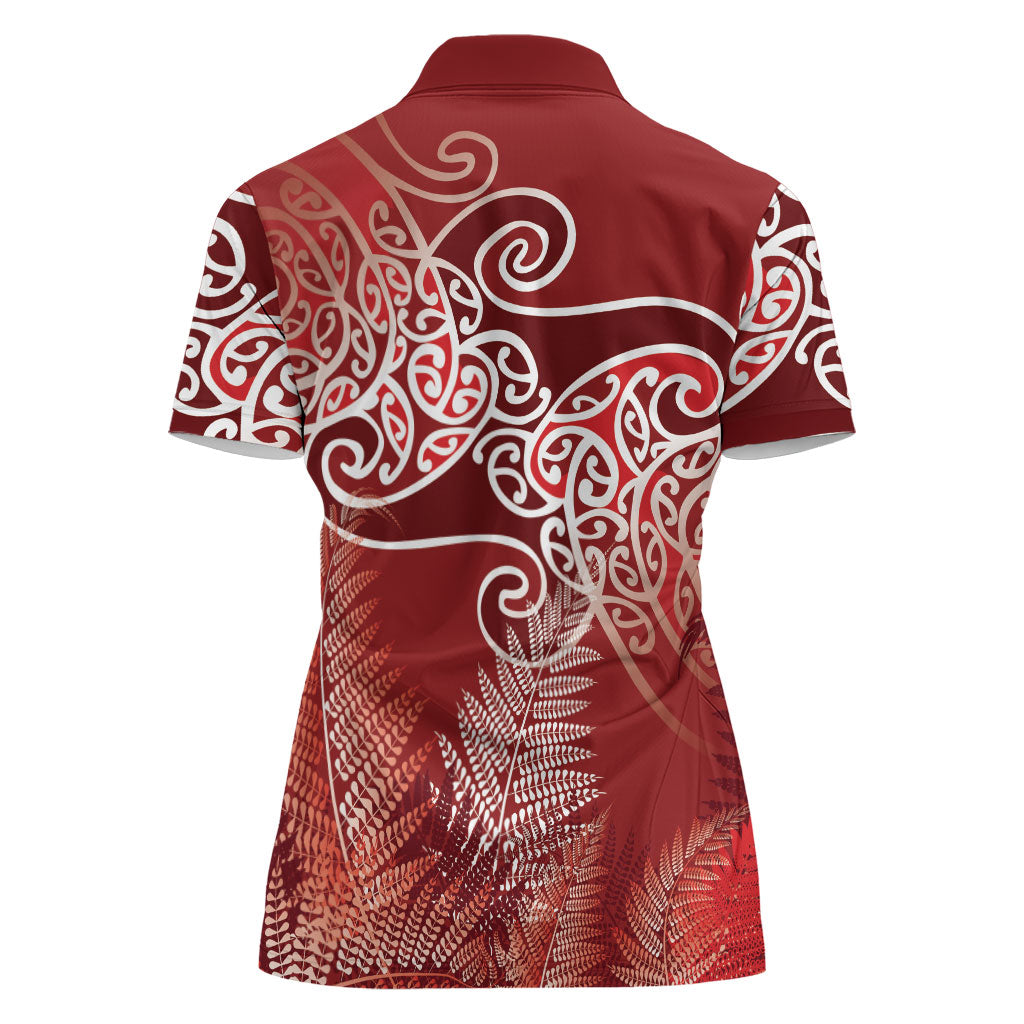 Aotearoa Maori Koru Curves Women Polo Shirt Silver Ferns - Crimson Red LT7 - Polynesian Pride