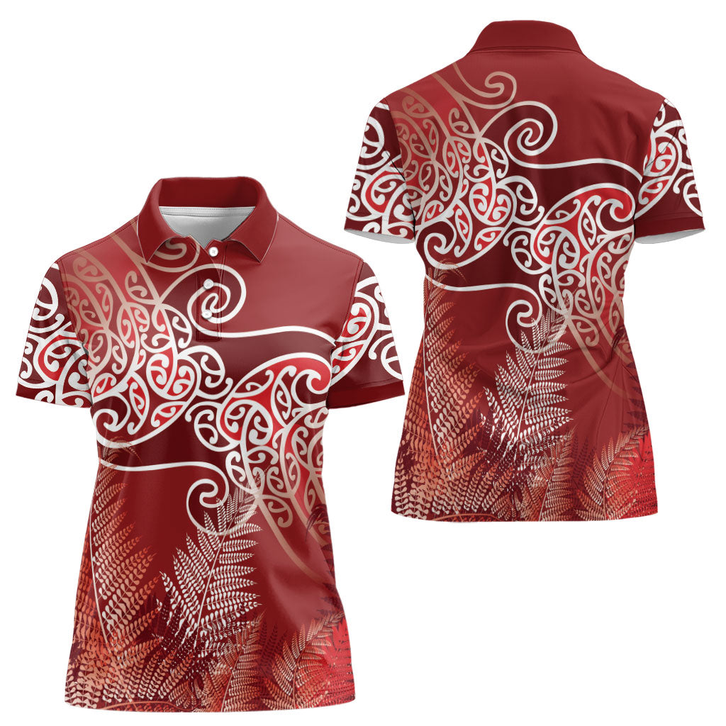 Aotearoa Maori Koru Curves Women Polo Shirt Silver Ferns - Crimson Red LT7 - Polynesian Pride