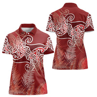 Aotearoa Maori Koru Curves Women Polo Shirt Silver Ferns - Crimson Red LT7 - Polynesian Pride