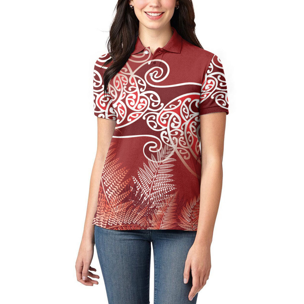 Aotearoa Maori Koru Curves Women Polo Shirt Silver Ferns - Crimson Red LT7 - Polynesian Pride