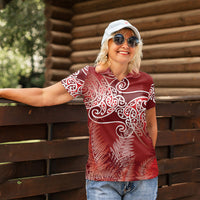 Aotearoa Maori Koru Curves Women Polo Shirt Silver Ferns - Crimson Red LT7 - Polynesian Pride