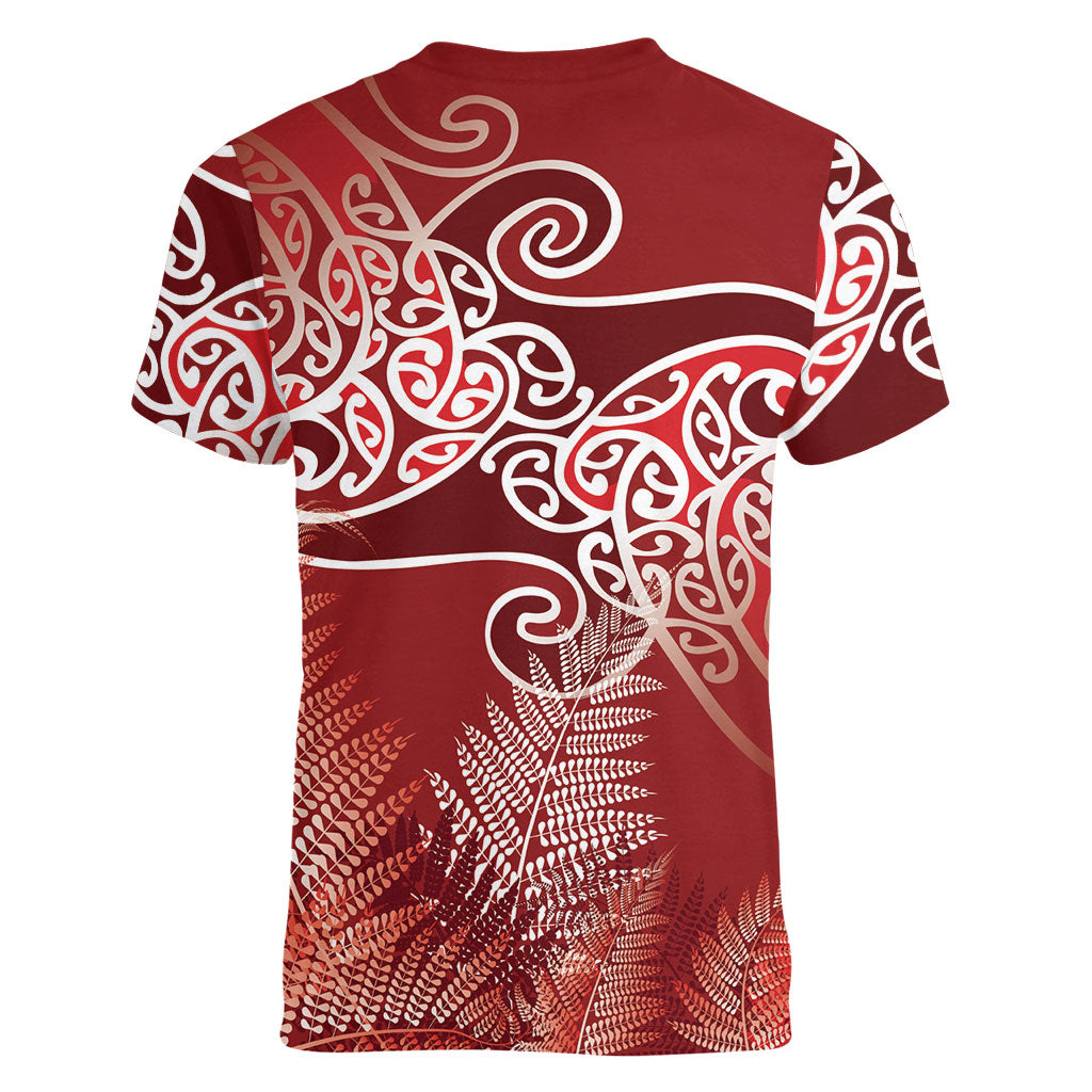 Aotearoa Maori Koru Curves Women V-Neck T-Shirt Silver Ferns - Crimson Red LT7 - Polynesian Pride