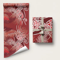 Aotearoa Maori Koru Curves Wrapping Paper Silver Ferns - Crimson Red
