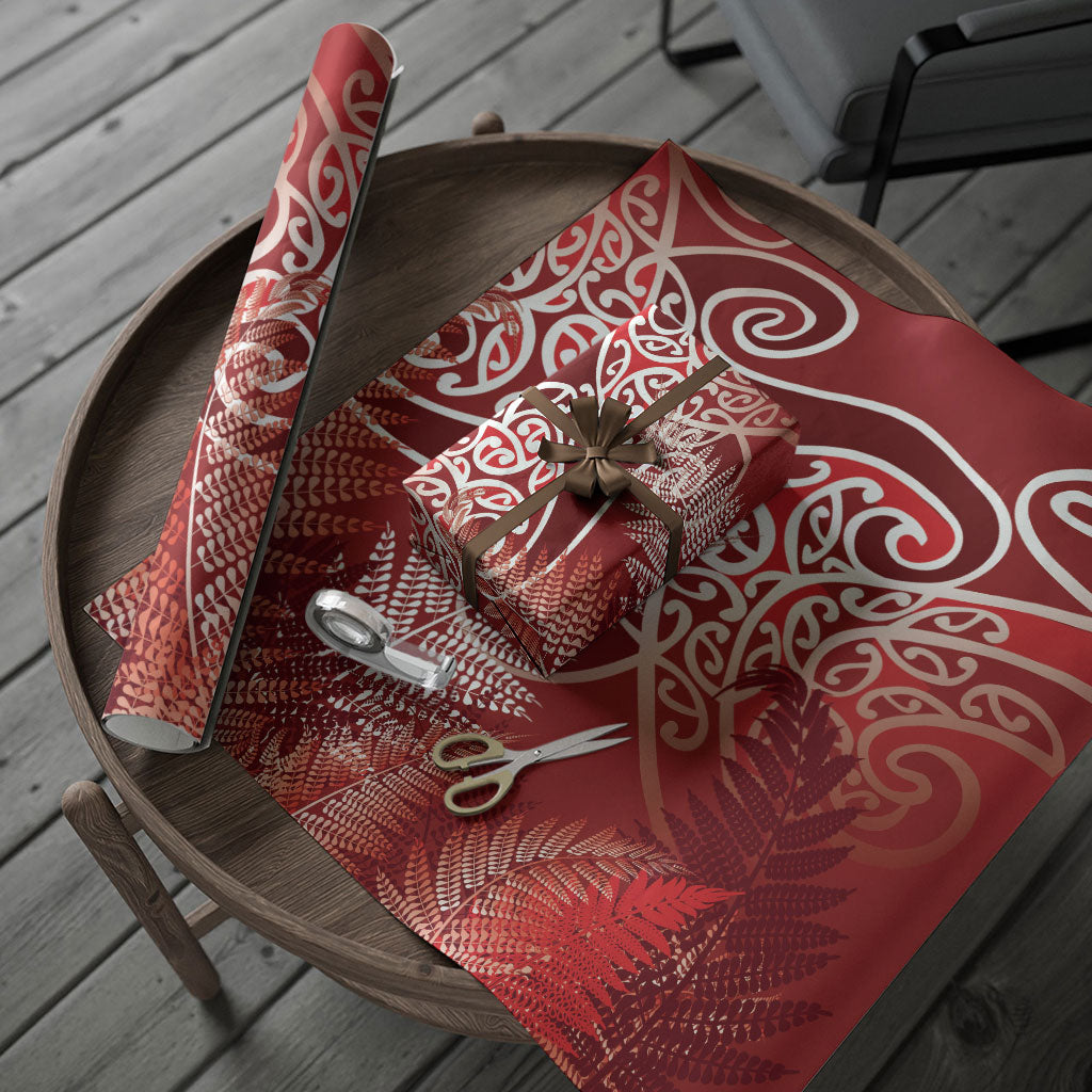 Aotearoa Maori Koru Curves Wrapping Paper Silver Ferns - Crimson Red