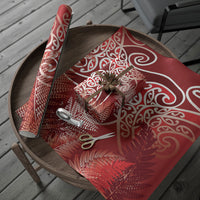 Aotearoa Maori Koru Curves Wrapping Paper Silver Ferns - Crimson Red