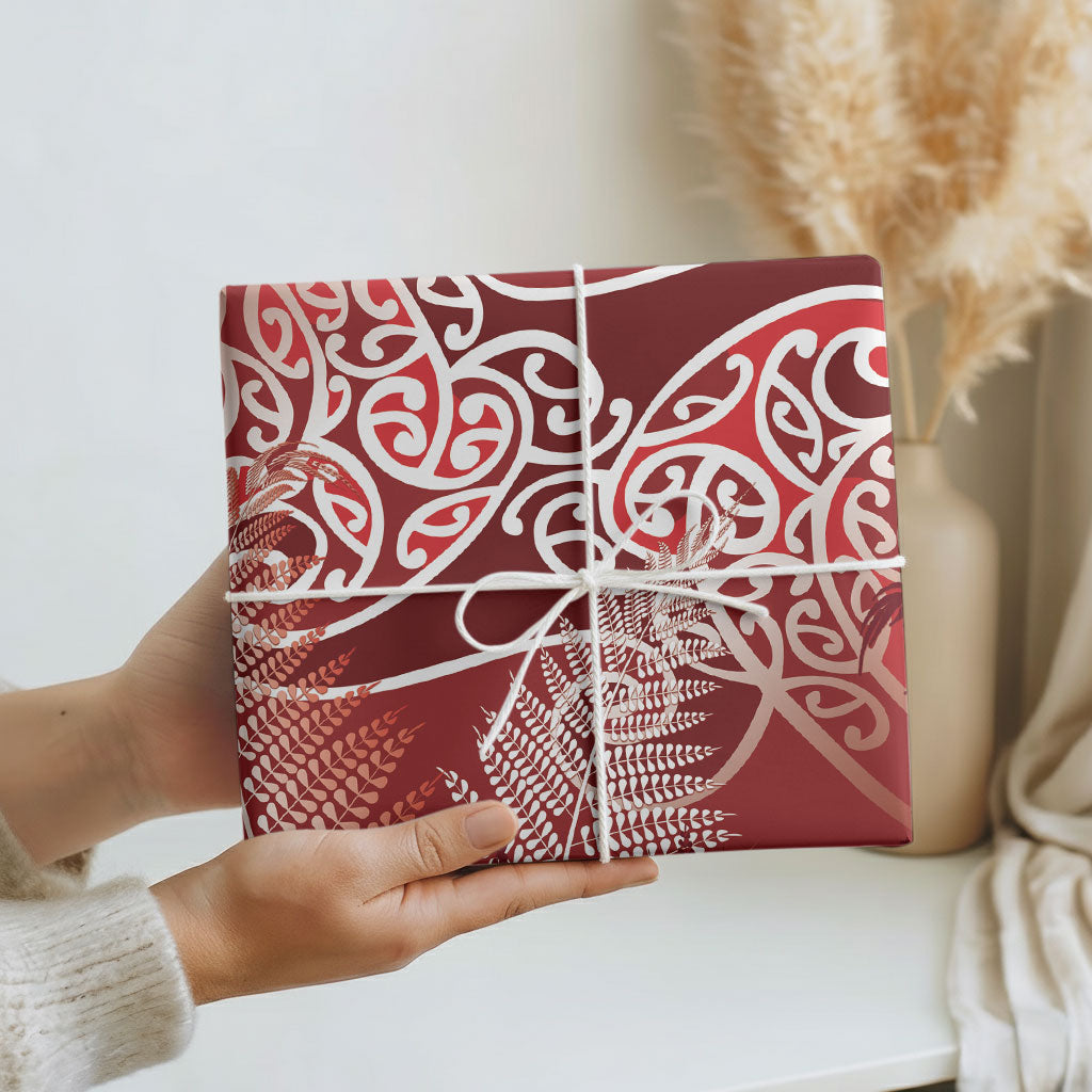 Aotearoa Maori Koru Curves Wrapping Paper Silver Ferns - Crimson Red