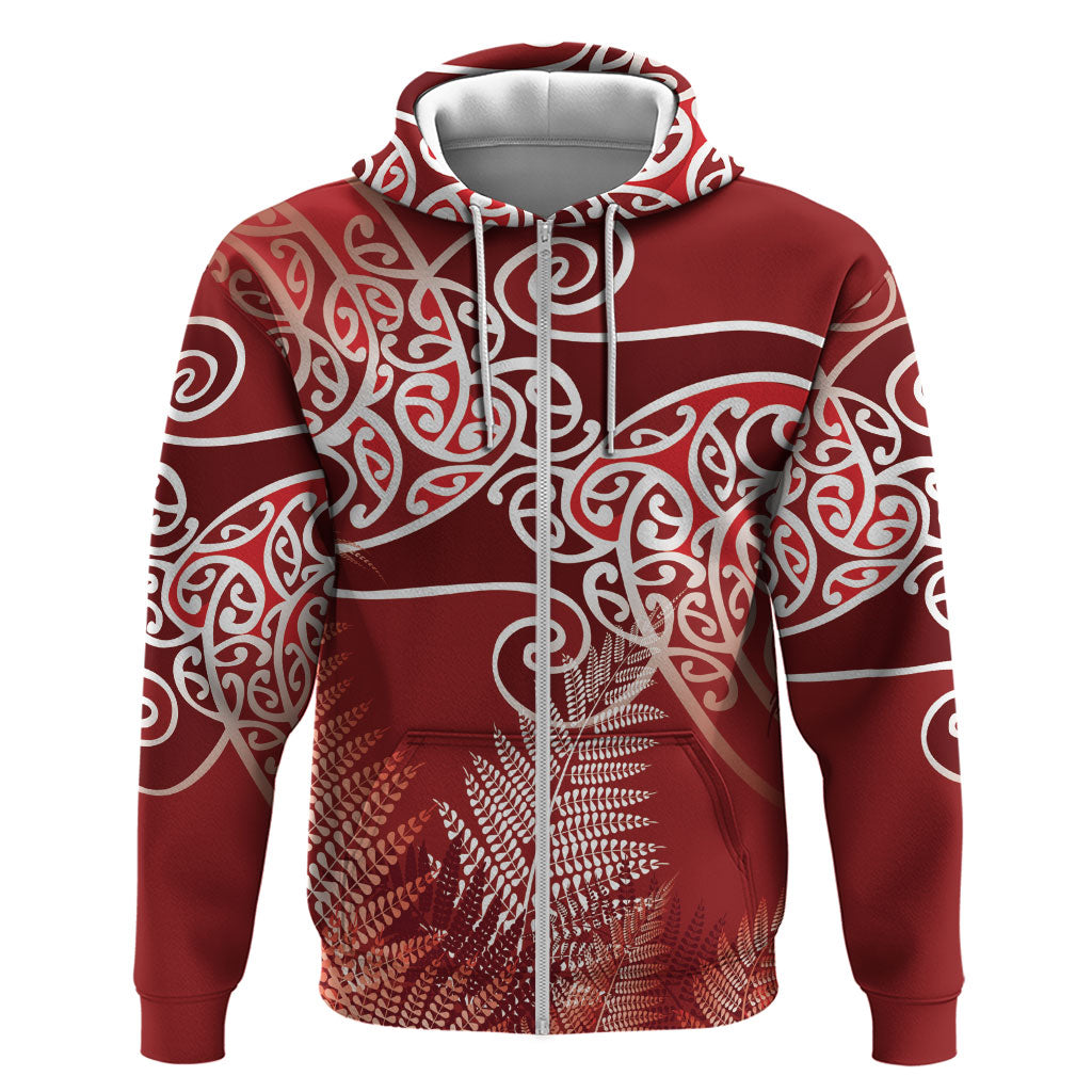 Aotearoa Maori Koru Curves Zip Hoodie Silver Ferns - Crimson Red LT7 Zip Hoodie Red - Polynesian Pride