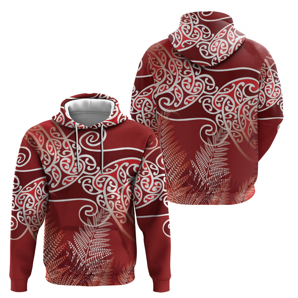 Aotearoa Maori Koru Curves Zip Hoodie Silver Ferns - Crimson Red LT7 - Polynesian Pride
