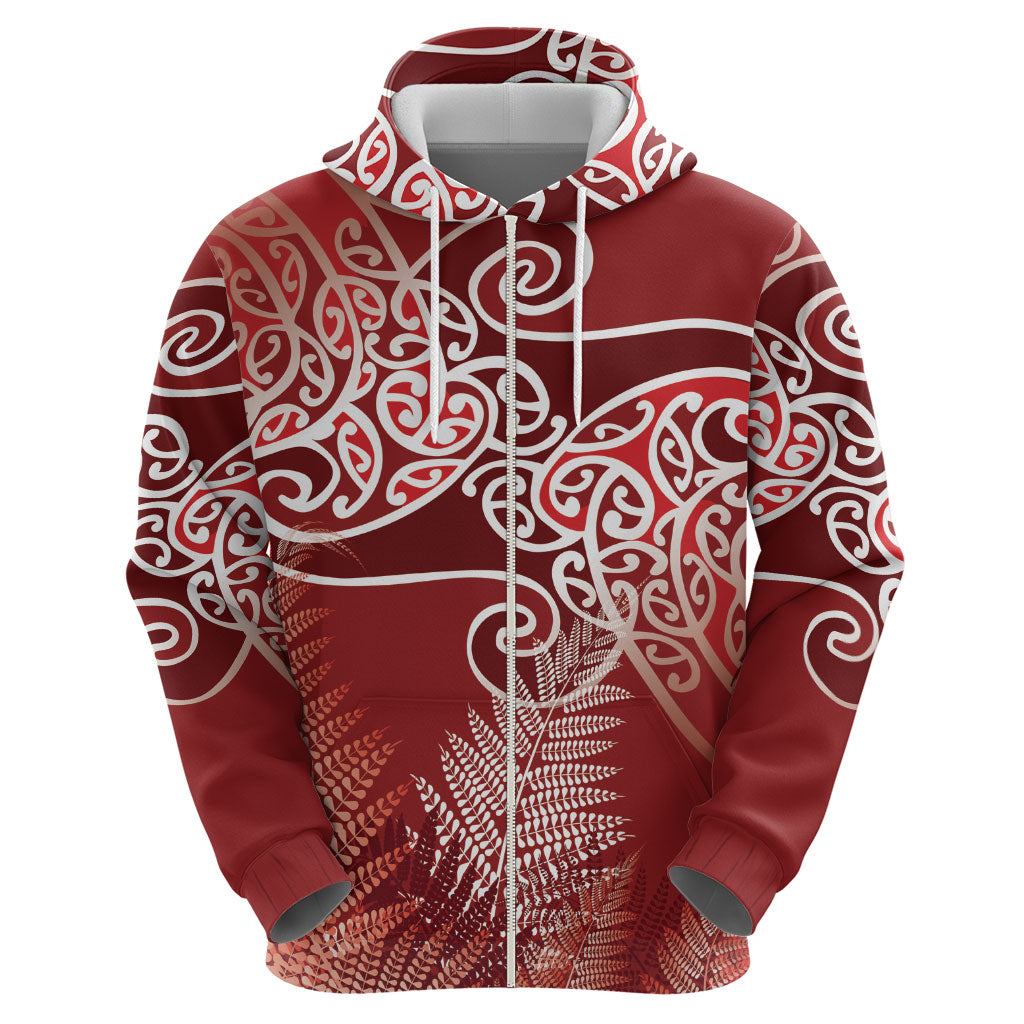 Aotearoa Maori Koru Curves Zip Hoodie Silver Ferns - Crimson Red LT7 - Polynesian Pride