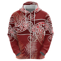 Aotearoa Maori Koru Curves Zip Hoodie Silver Ferns - Crimson Red LT7 - Polynesian Pride