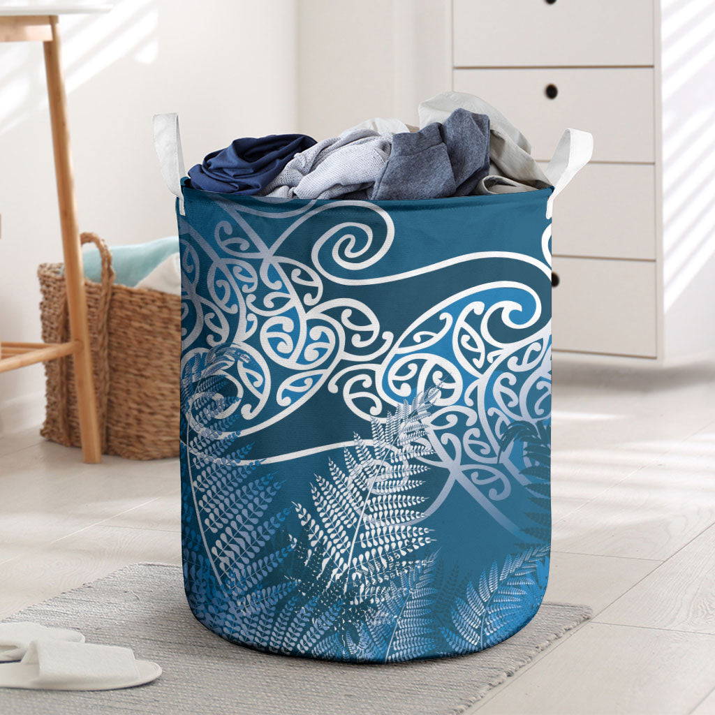 Aotearoa Maori Koru Curves Laundry Basket Silver Ferns - Navy Blue