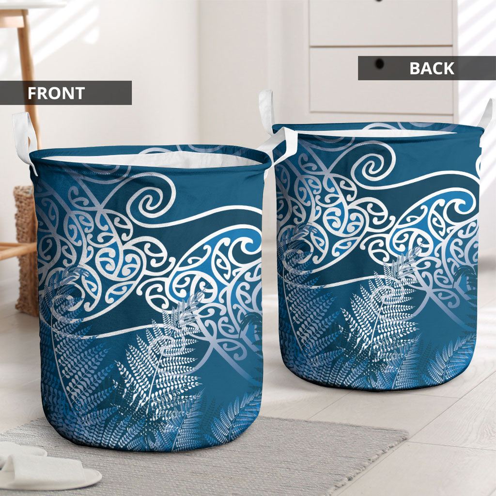 Aotearoa Maori Koru Curves Laundry Basket Silver Ferns - Navy Blue