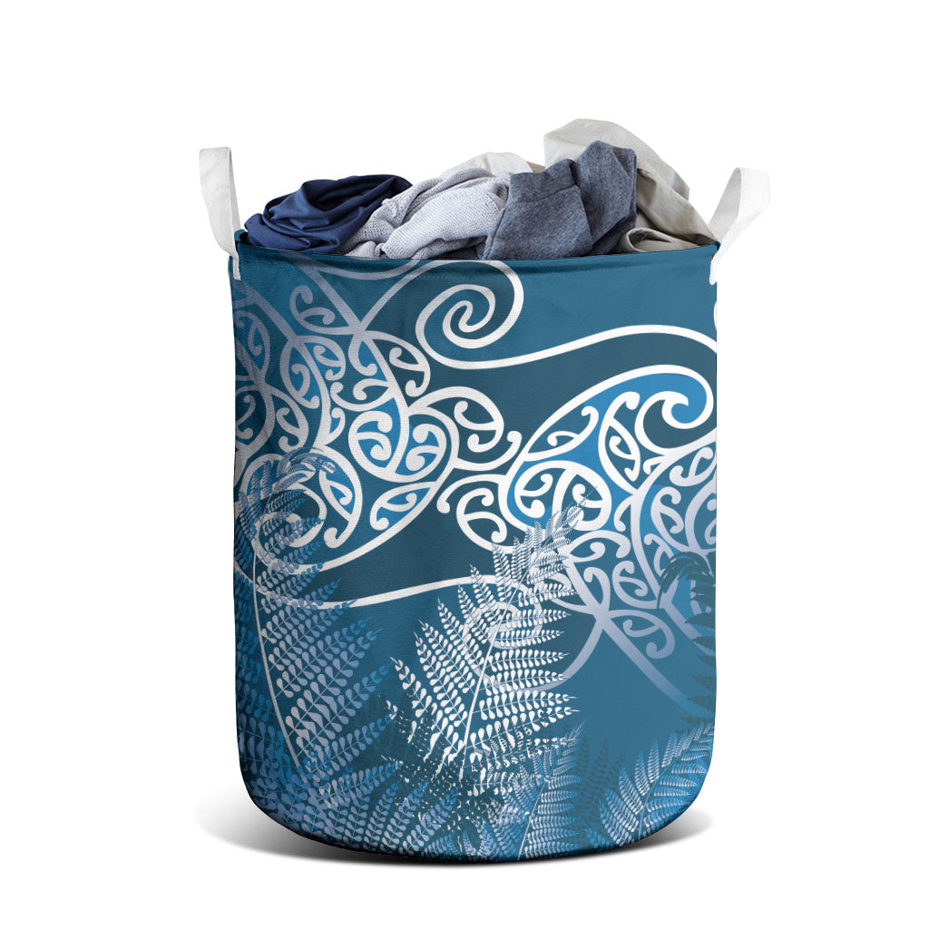 Aotearoa Maori Koru Curves Laundry Basket Silver Ferns - Navy Blue