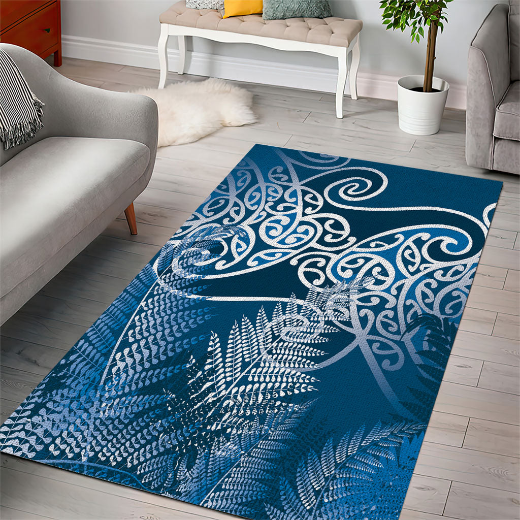 Aotearoa Maori Koru Curves Area Rug Silver Ferns - Navy Blue
