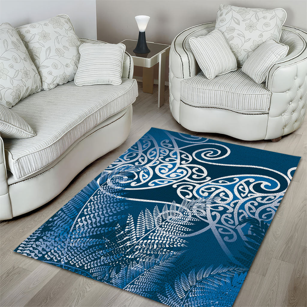 Aotearoa Maori Koru Curves Area Rug Silver Ferns - Navy Blue