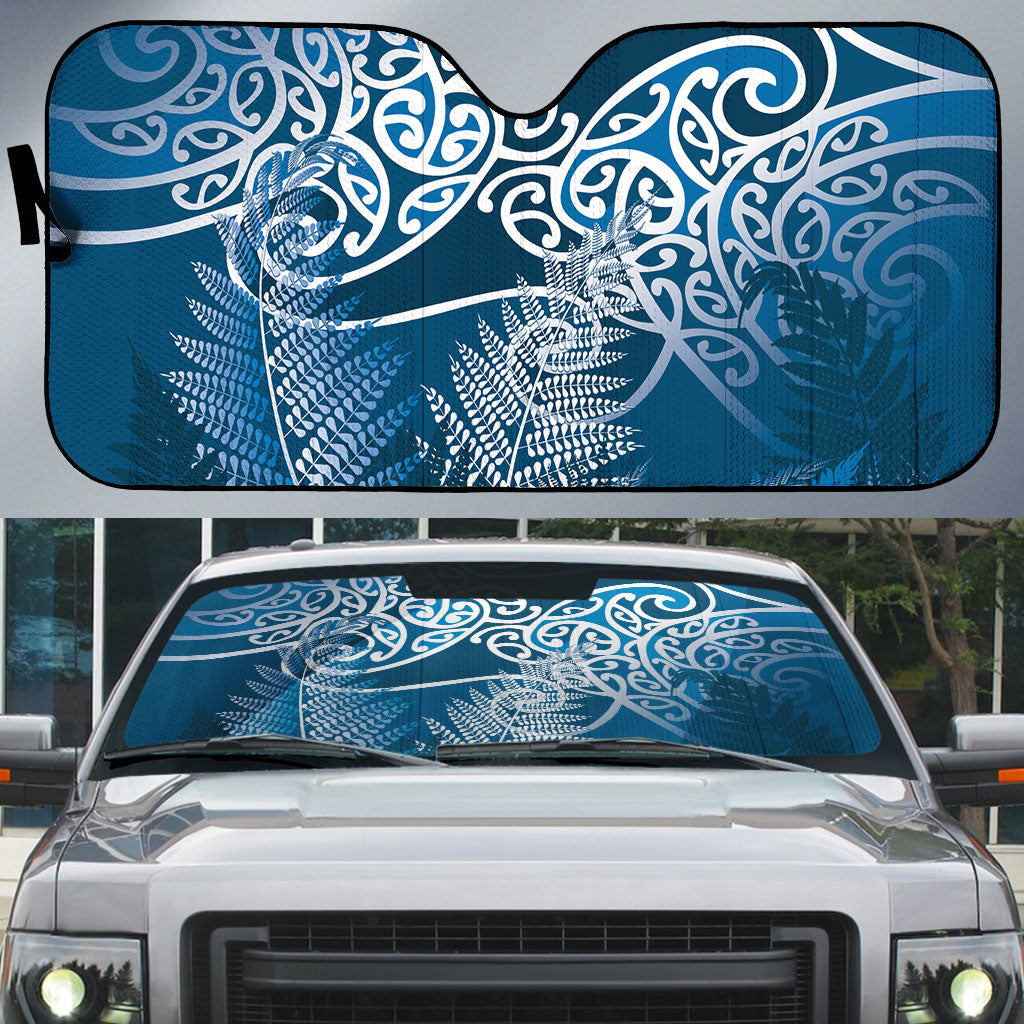 Aotearoa Maori Koru Curves Auto Sun Shade Silver Ferns - Navy Blue LT7 Navy Blue - Polynesian Pride