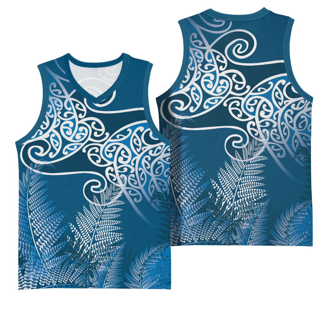 Aotearoa Maori Koru Curves Basketball Jersey Silver Ferns - Navy Blue LT7 - Polynesian Pride