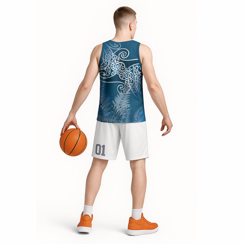Aotearoa Maori Koru Curves Basketball Jersey Silver Ferns - Navy Blue LT7 - Polynesian Pride