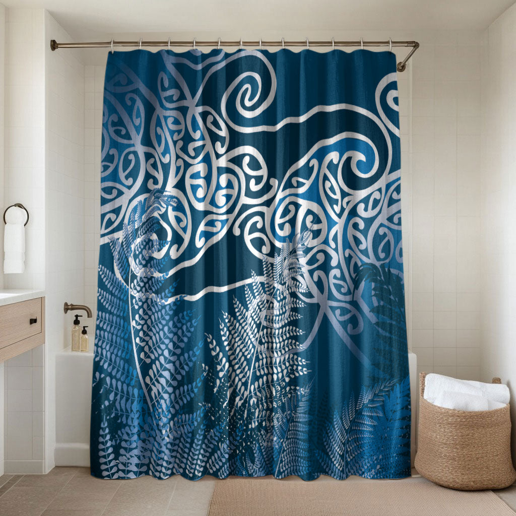 Aotearoa Maori Koru Curves Bathroom Set Silver Ferns - Navy Blue LT7 Shower Curtain Only Navy Blue - Polynesian Pride