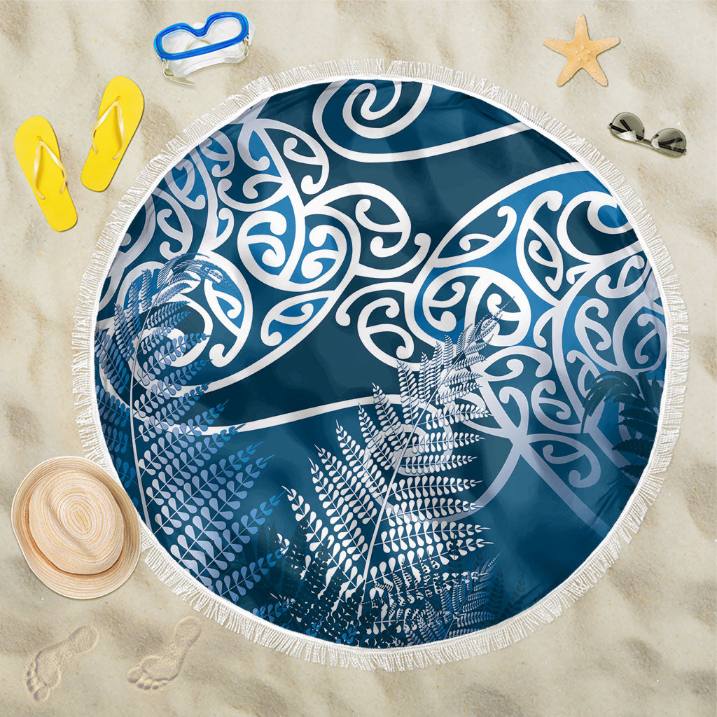 Aotearoa Maori Koru Curves Beach Blanket Silver Ferns - Navy Blue LT7 One Size 150cm Navy Blue - Polynesian Pride