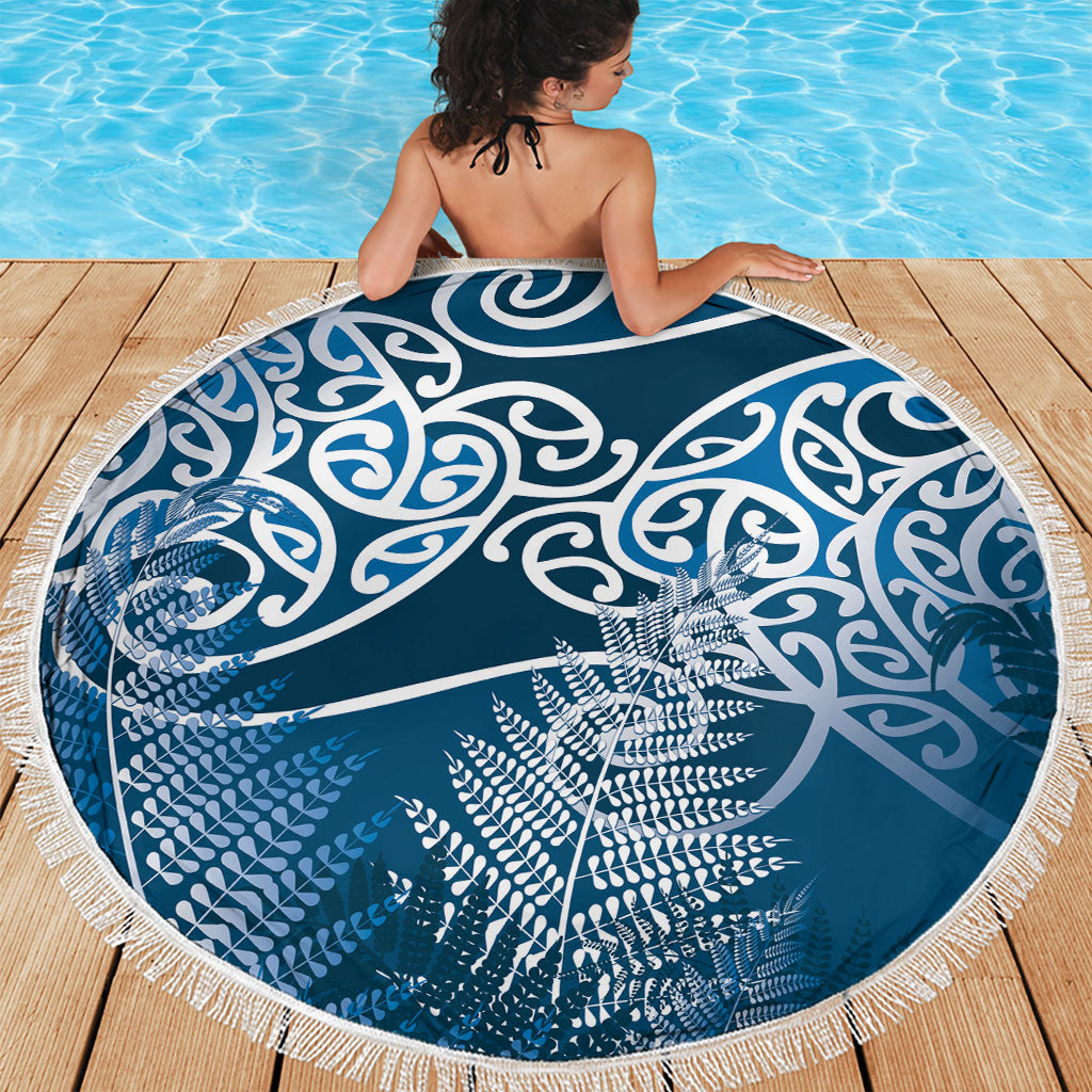 Aotearoa Maori Koru Curves Beach Blanket Silver Ferns - Navy Blue LT7 - Polynesian Pride
