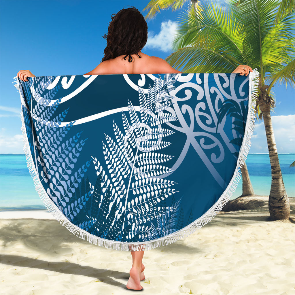 Aotearoa Maori Koru Curves Beach Blanket Silver Ferns - Navy Blue LT7 - Polynesian Pride