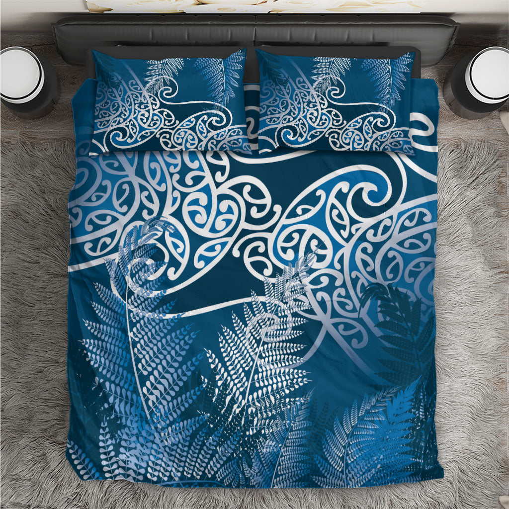 Aotearoa Maori Koru Curves Bedding Set Silver Ferns - Navy Blue