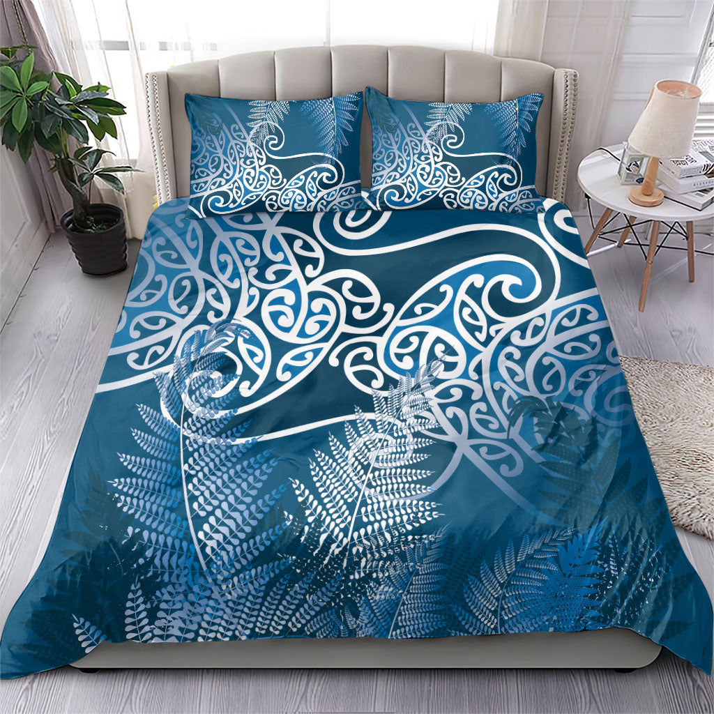 Aotearoa Maori Koru Curves Bedding Set Silver Ferns - Navy Blue LT7 - Polynesian Pride